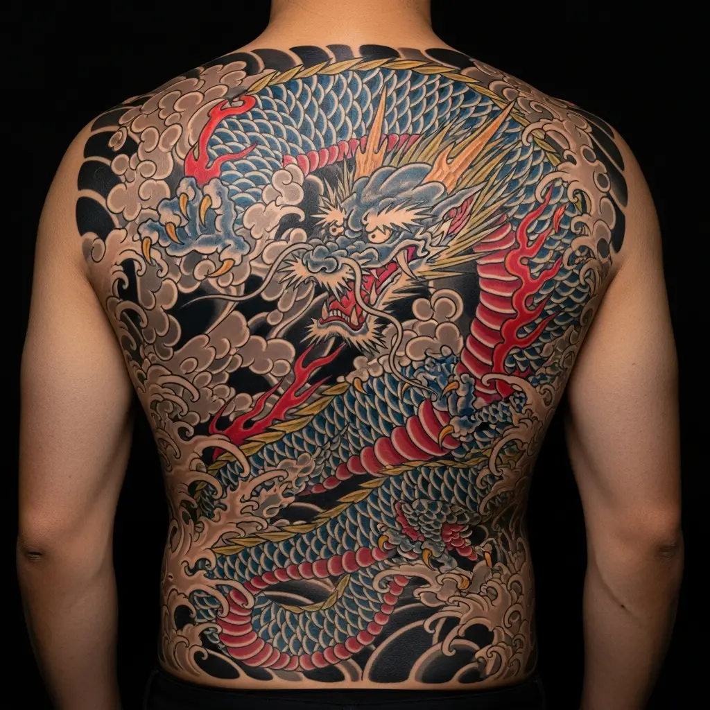Grossformatiges Japanese Tattoo mit Drachen und Wellen am Rücken