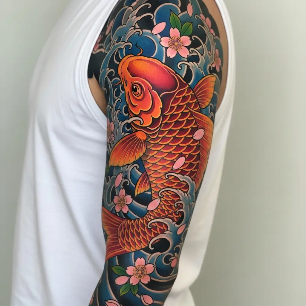 Japanisches Koi-Tattoo mit Kirschblüten als Sleeve am Oberarm