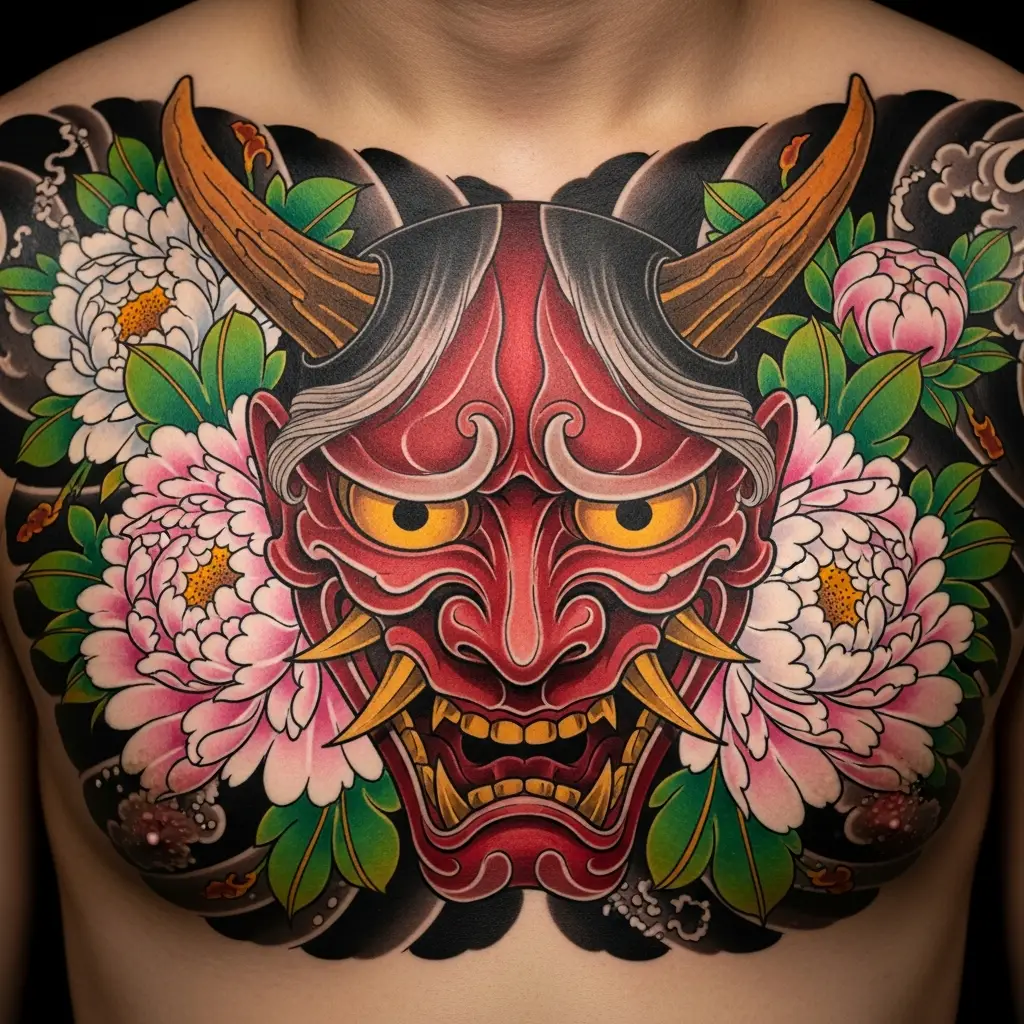Hannya-Maske als Japanese Tattoo mit Pfingstrosen auf der Brust