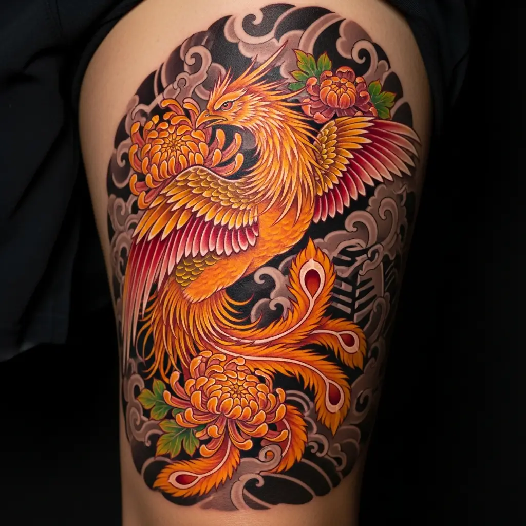 Traditionelles Japanese Tattoo mit Phönix und Chrysanthemen am Oberschenkel