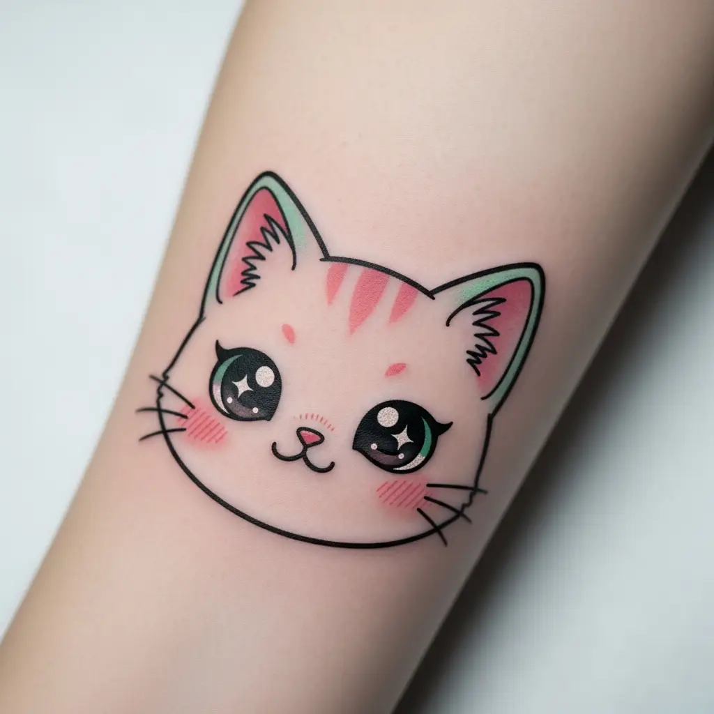 Kawaii Tattoo mit niedlicher Katze und Pastellfarben auf Unterarm
