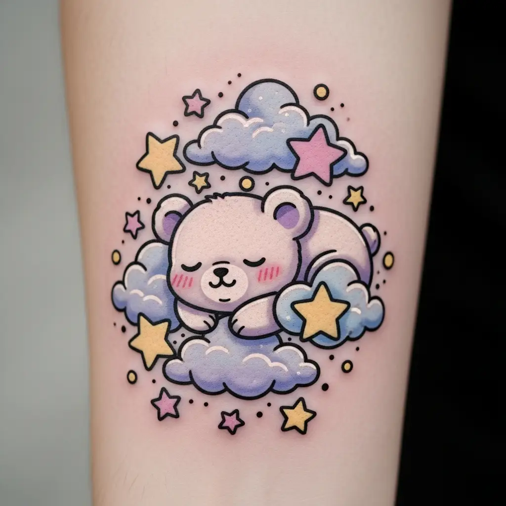 Kawaii Tattoo Cluster mit Sternen Wolken und Bär auf Handgelenk