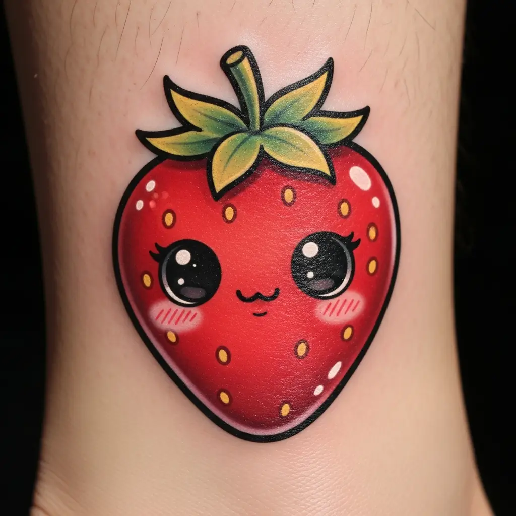 Kawaii Tattoo Erdbeere mit Gesicht und Pastellfarben auf Knöchel