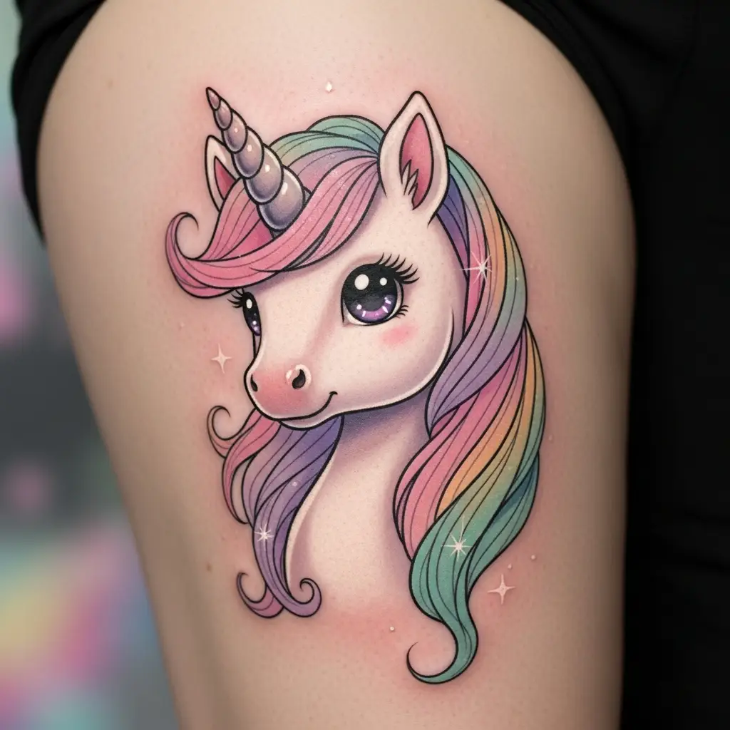 Kawaii Tattoo Einhorn mit Regenbogenfarben auf Oberschenkel