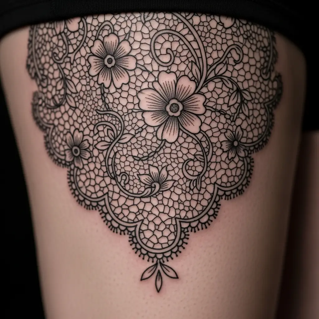 Detailliertes Lace Tattoo als Spitzenband am Oberschenkel einer Frau