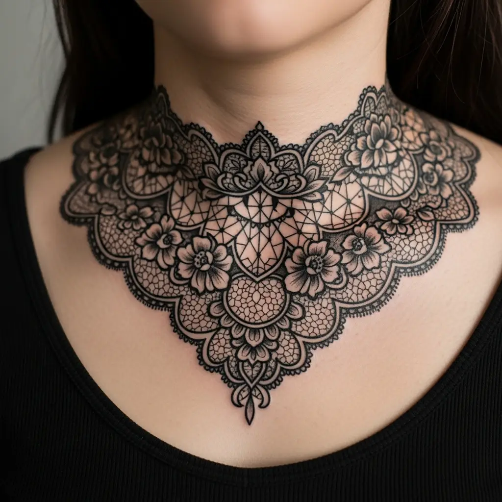 Lace Tattoo im Dekolleté-Bereich mit floralen Spitzenmotiven in Schwarz