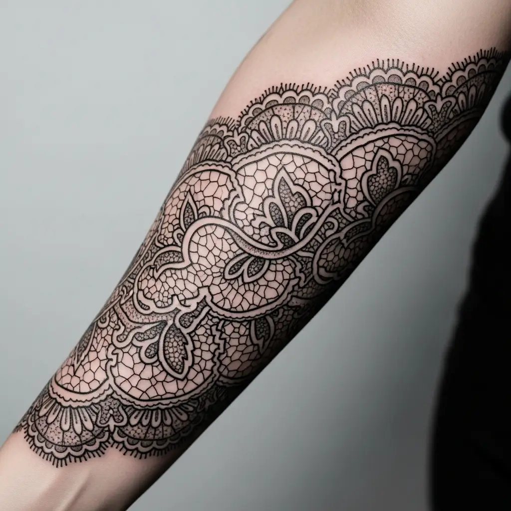 Grossflächiges Lace Tattoo am Unterarm mit symmetrischen Spitzenornamenten