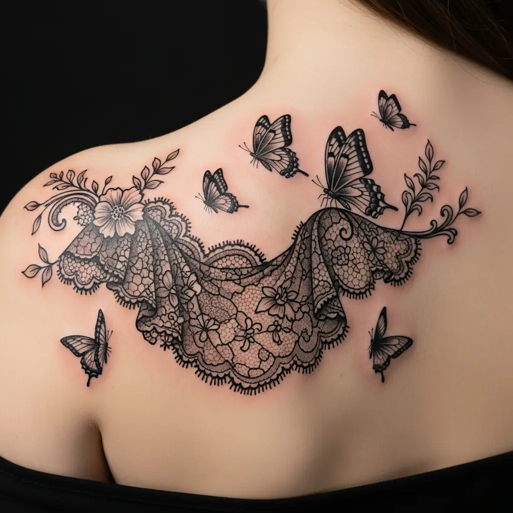 Lace Tattoo am Schulterblatt mit Schmetterlingen im Spitzennetz
