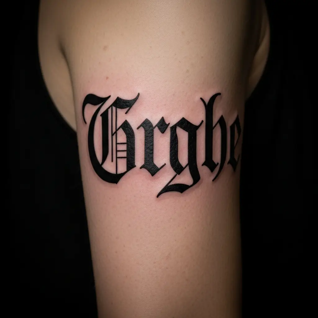 Blackletter Lettering Tattoo mit Gothic-Schrift auf dem Oberarm