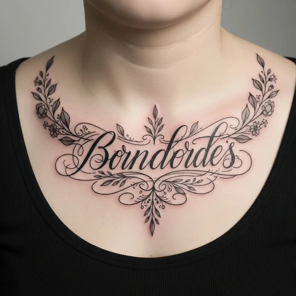 Ornamentales Lettering Tattoo mit floralen Elementen auf dem Schlüsselbein