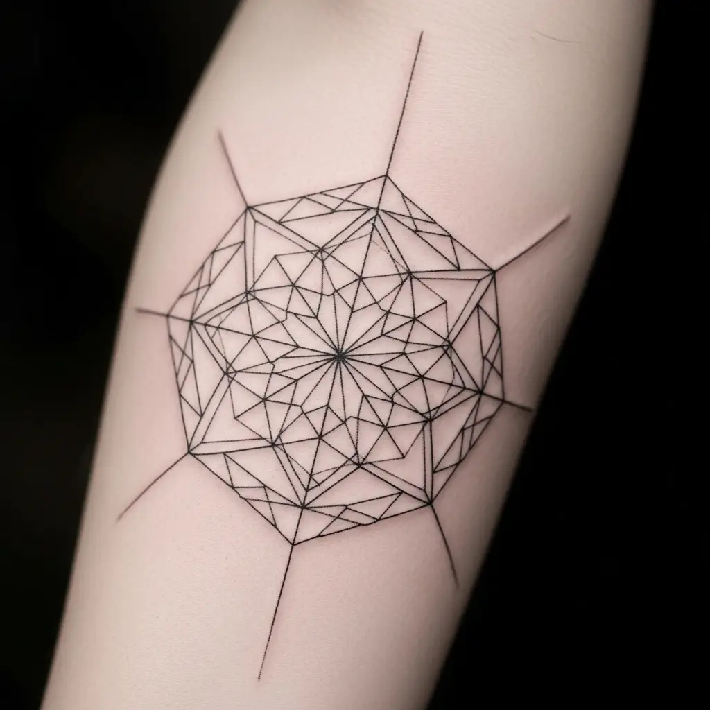 Geometrisches Linework Tattoo mit feinen schwarzen Linien am Unterarm