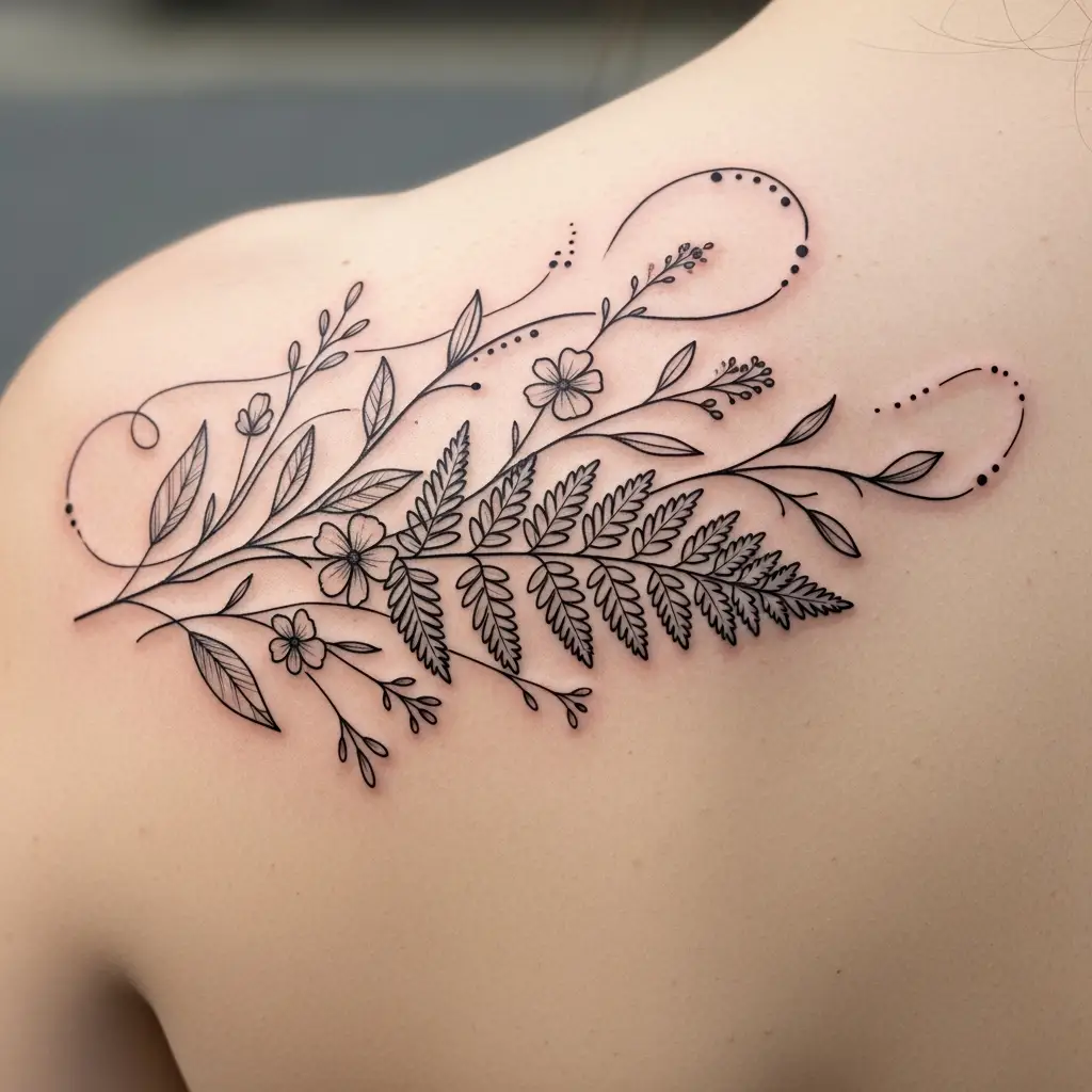 Botanisches Linework Tattoo mit Farnen und Blättern auf der Schulter