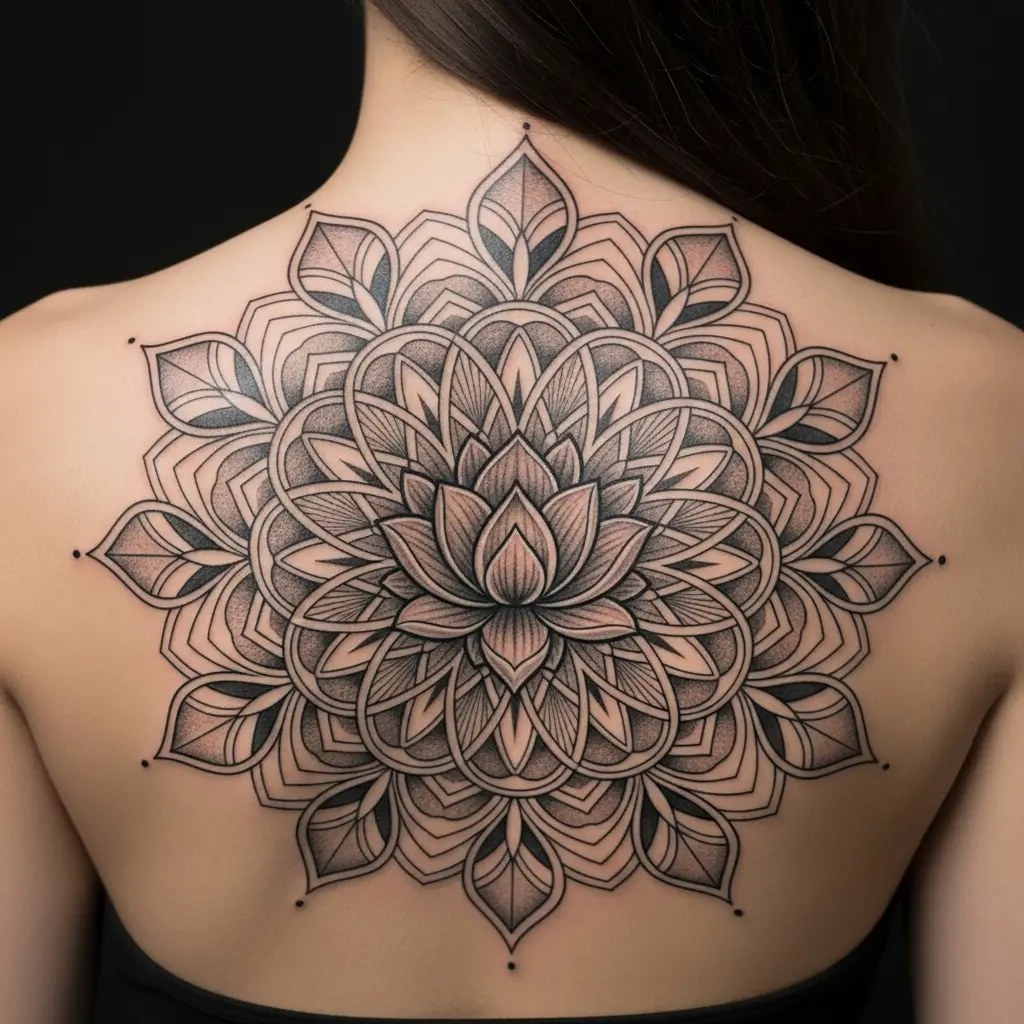 Detailreiches Mandala Tattoo auf dem oberen Rücken einer Frau