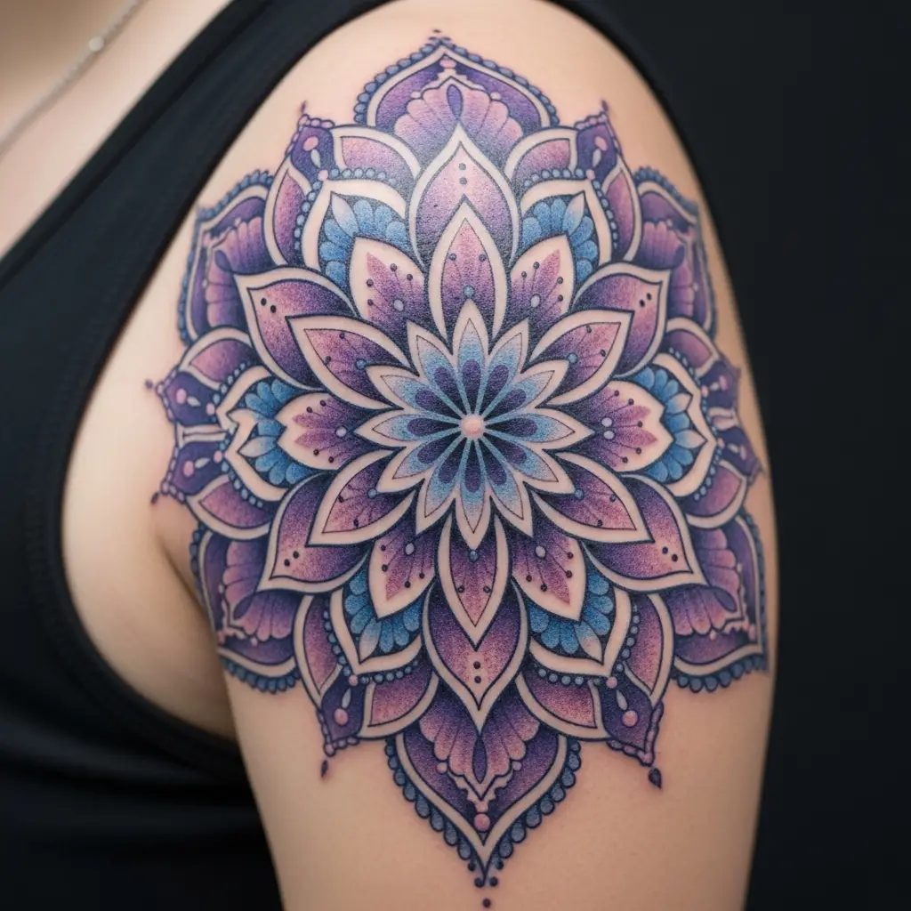 Farbiges Mandala Tattoo in Blau und Violett auf der Schulter