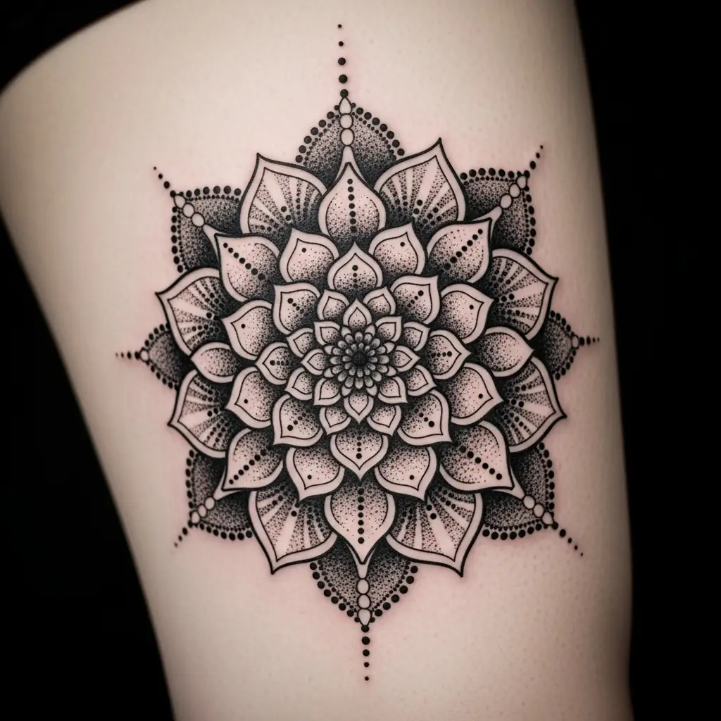 Dotwork Mandala Tattoo auf dem Oberschenkel mit feiner Punkttechnik