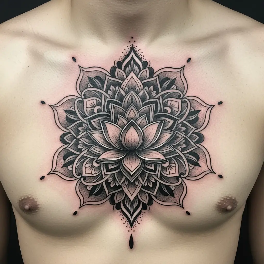 Mandala Tattoo auf der Brust mit Lotusblüte im Zentrum