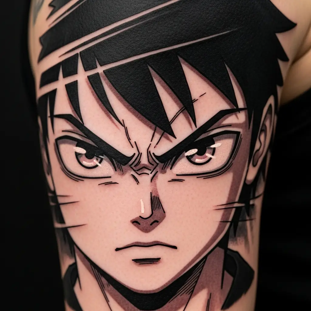 Manga Tattoo mit detailliertem Charakterporträt und ausdrucksstarken Augen