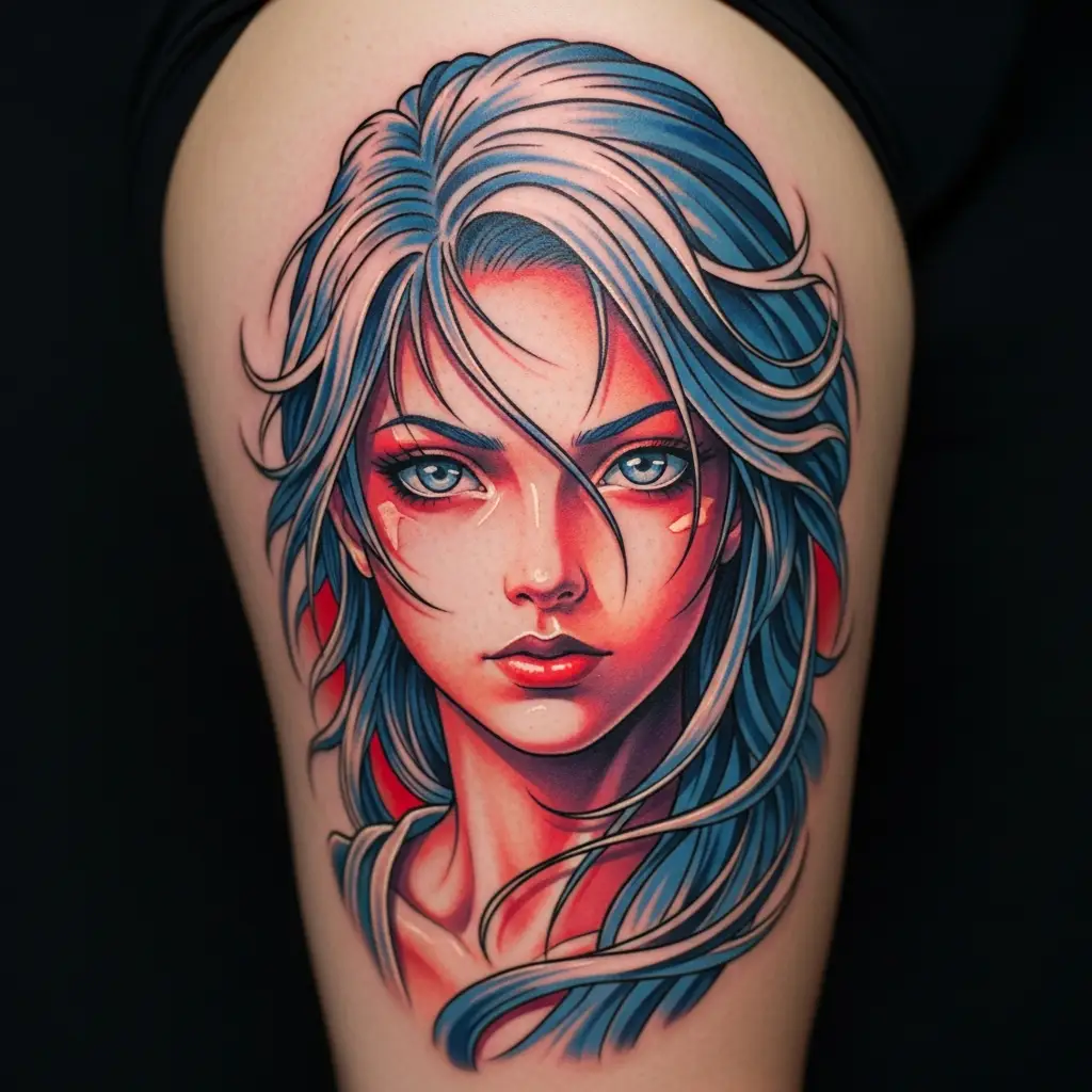 Farbiges Manga Tattoo mit Anime-Farbpalette auf dem Oberschenkel