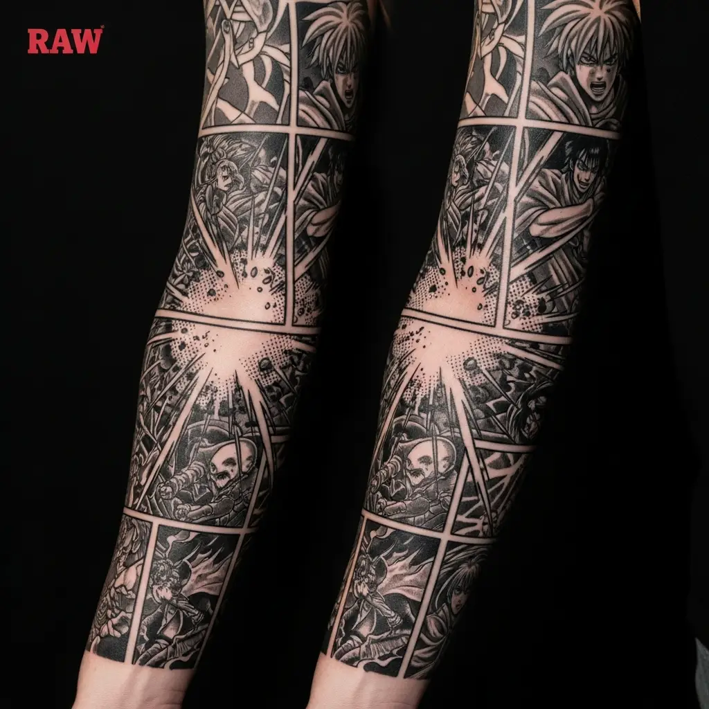 Manga Tattoo Sleeve mit Kampfszene und Speedlines auf dem Arm