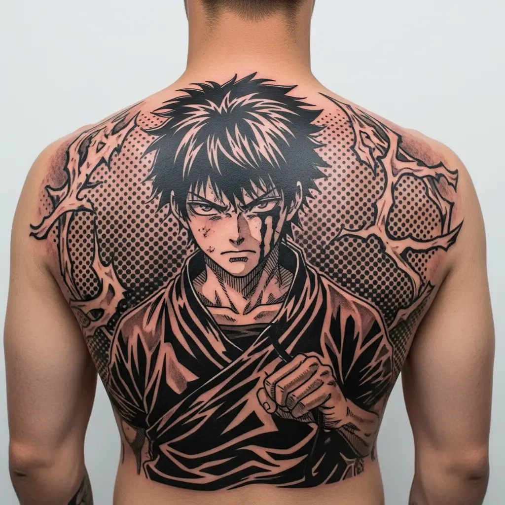 Schwarz-Weiss Manga Tattoo mit Rastertönen auf dem Rücken