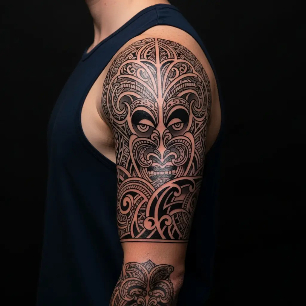 Maori Tattoo mit Koru-Spiralen und Haifischzähnen am Oberarm