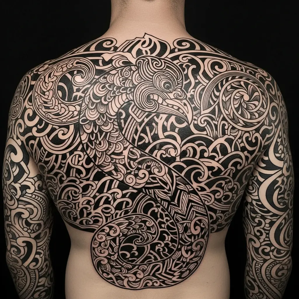 Grossflächiges Maori Tattoo mit Manaia-Motiv auf dem Ruecken