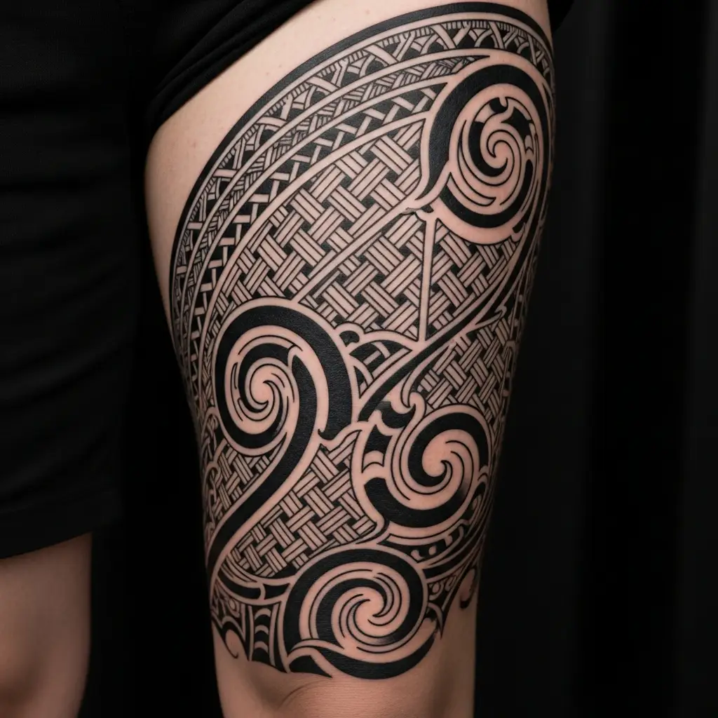 Maori Tattoo Oberschenkel mit traditionellen Flechtmustern und Negativraum