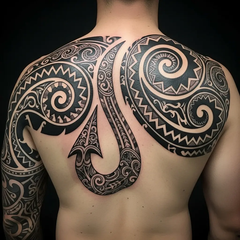 Maori Tattoo Schulter mit Hei-Matau-Symbol und Bandmuster