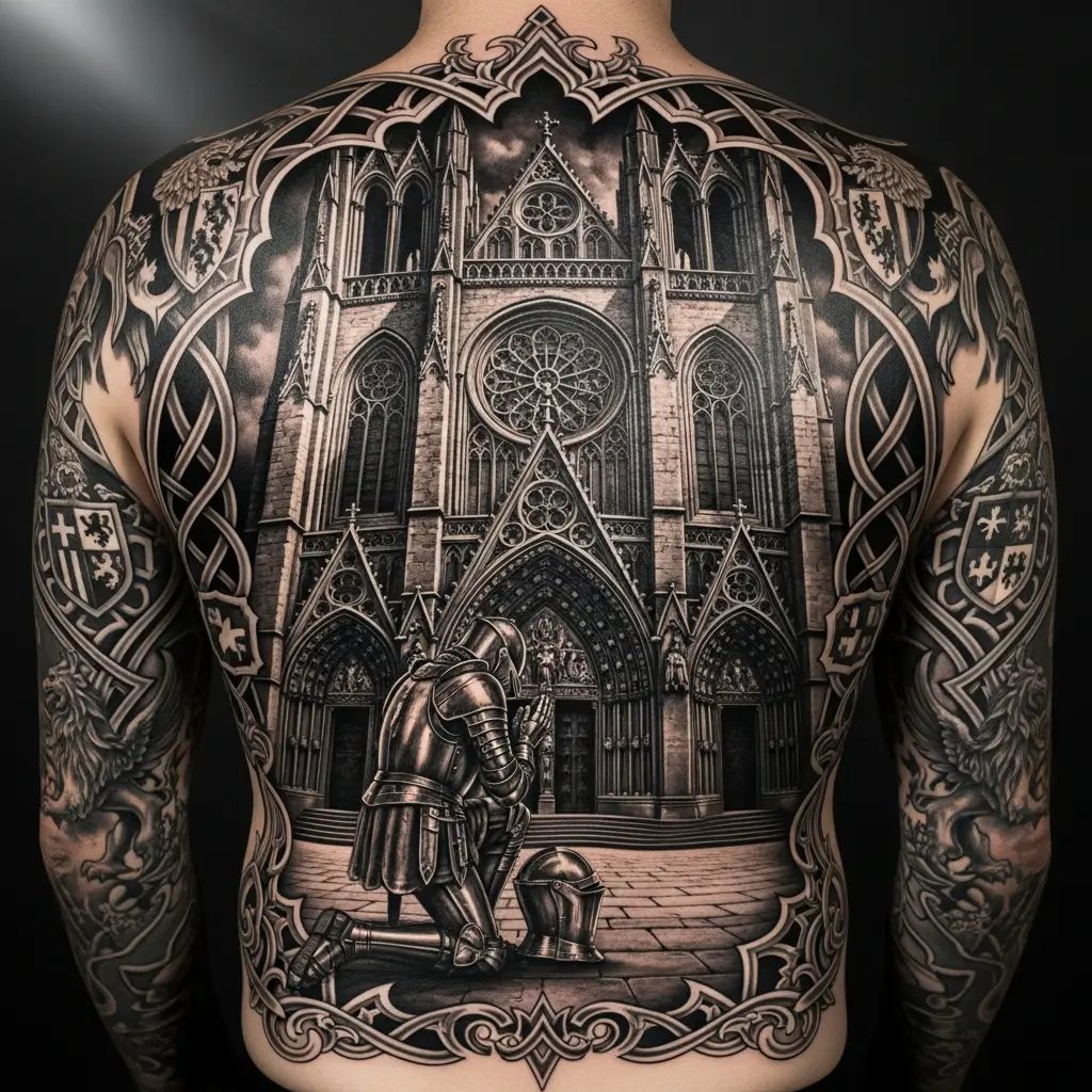 Medieval Tattoo mit gotischer Kathedrale und Ritter auf dem Rücken