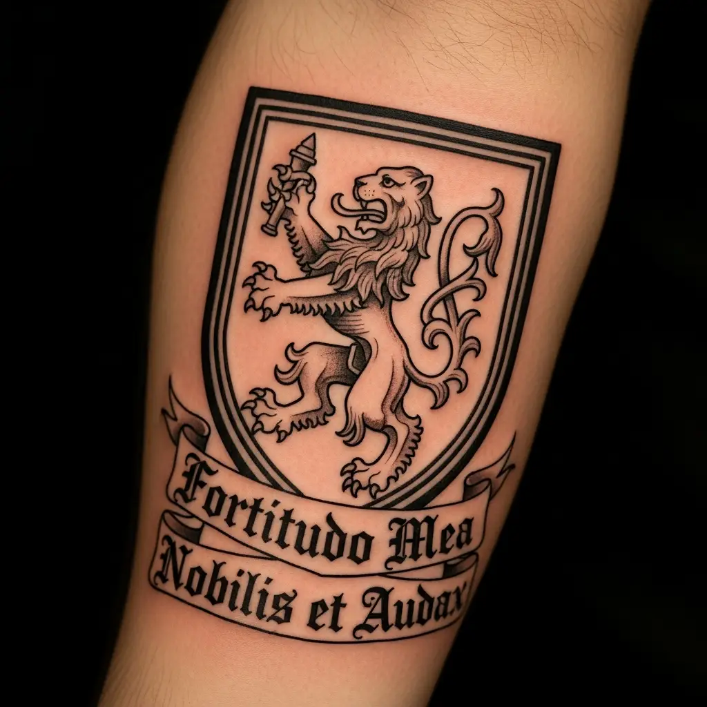 Medieval Tattoo Wappenschild mit Löwen und gotischer Schrift auf dem Unterarm