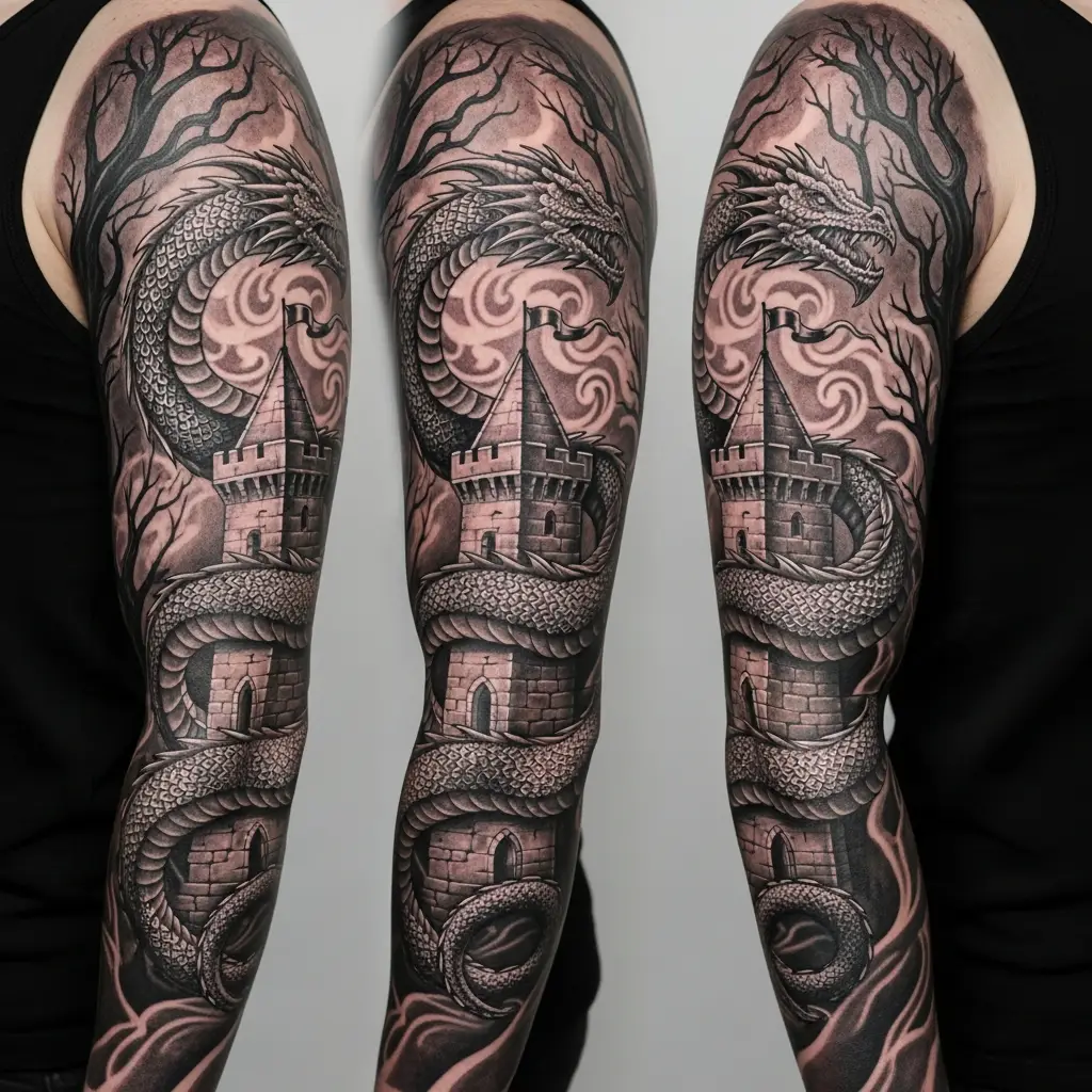Medieval Tattoo Drache und Burg als Sleeve auf dem Oberarm