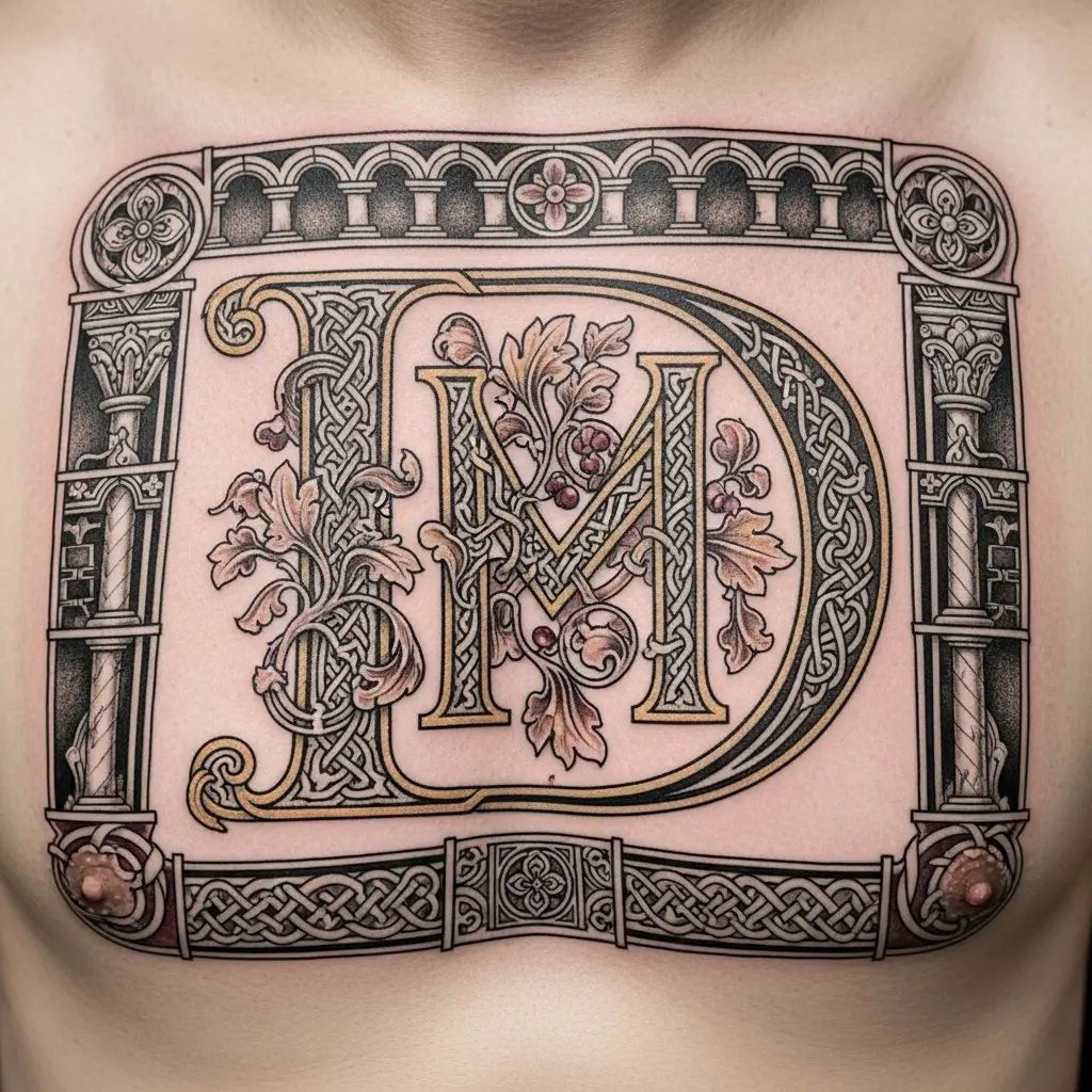 Medieval Tattoo illuminierter Buchstabe mit Rankenwerk auf der Brust