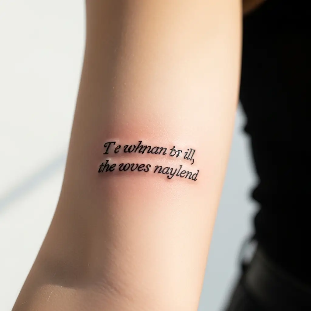 Micro Lettering Tattoo mit feinem Zitat am Unterarm einer Frau