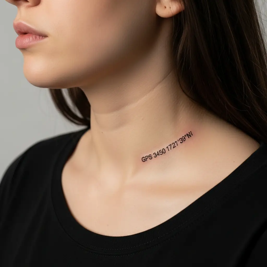 Micro Lettering Tattoo mit Koordinaten am Schlüsselbein, schwarz