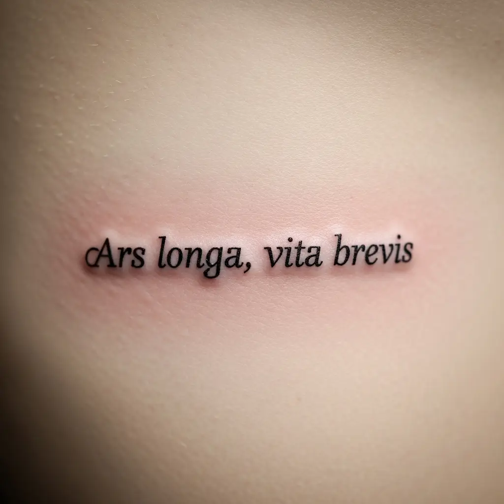 Micro Lettering Tattoo mit lateinischem Zitat am Rippenbogen