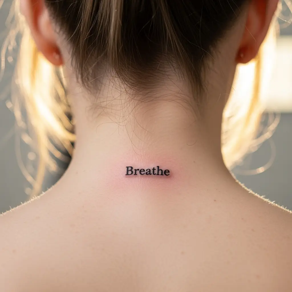 Micro Lettering Tattoo mit einzelnem Wort am Nacken, Detailaufnahme