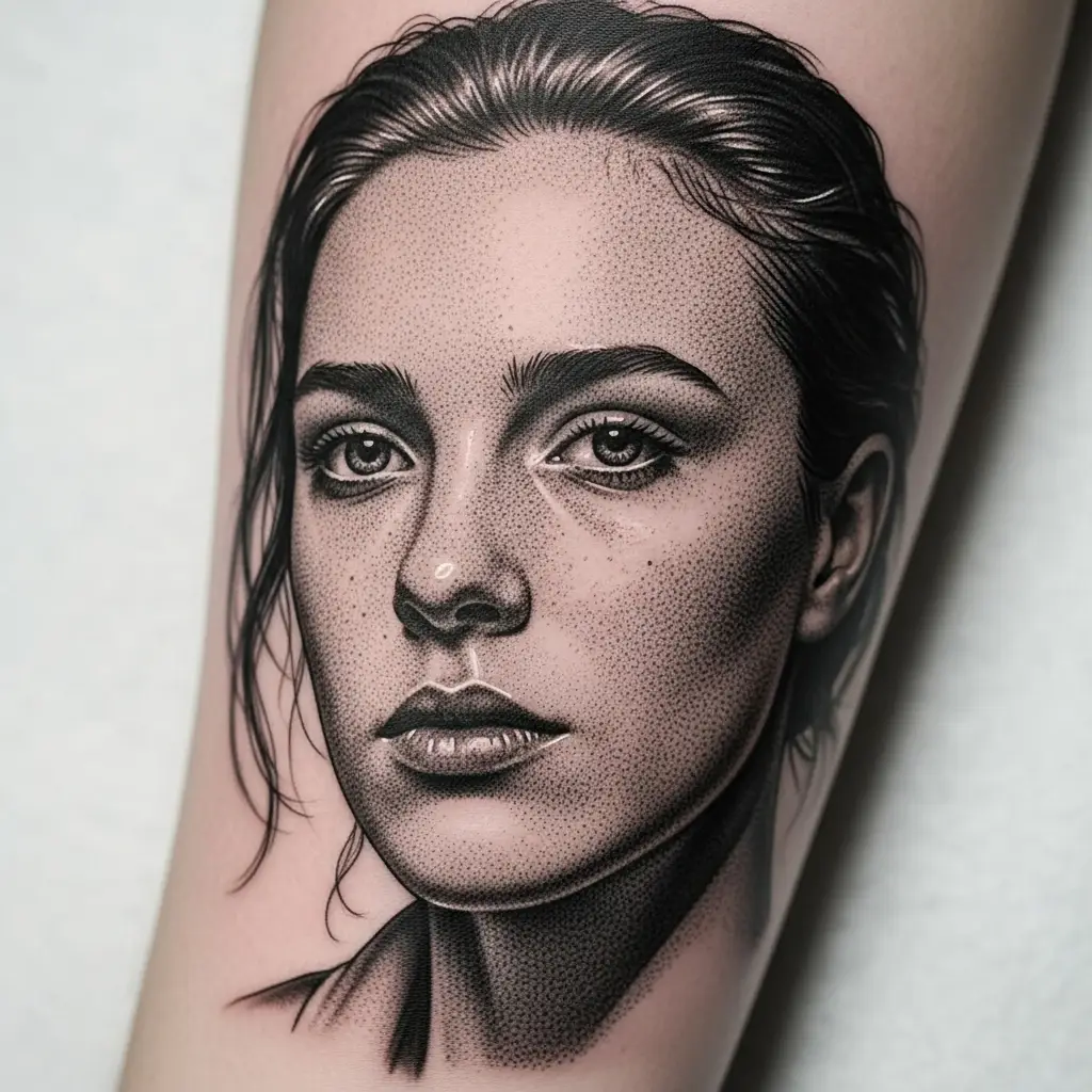 Micro Realism Tattoo eines Portraets am Unterarm, hochdetailliert