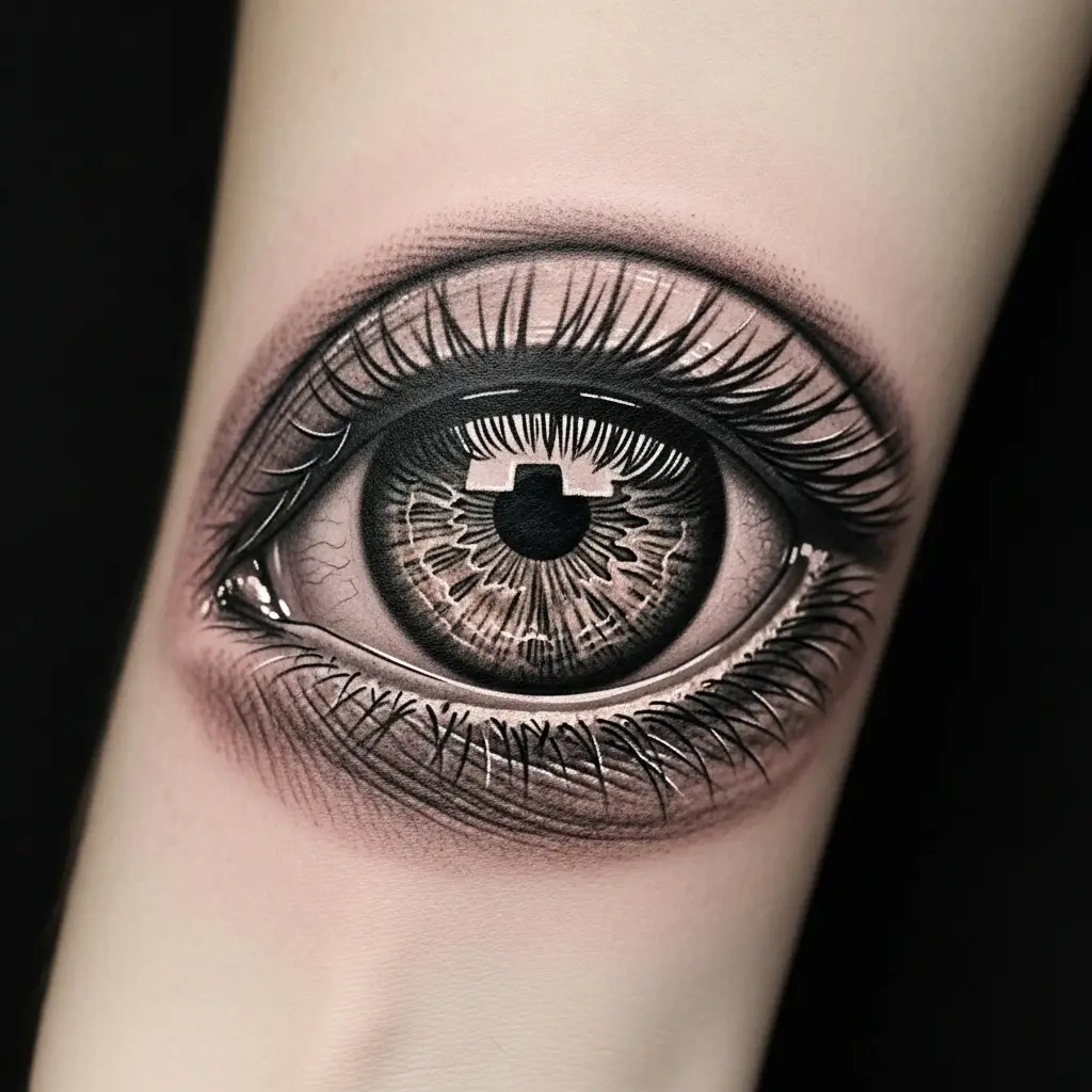 Micro Realism Tierportrait eines Auges am Handgelenk in Schwarz-Grau