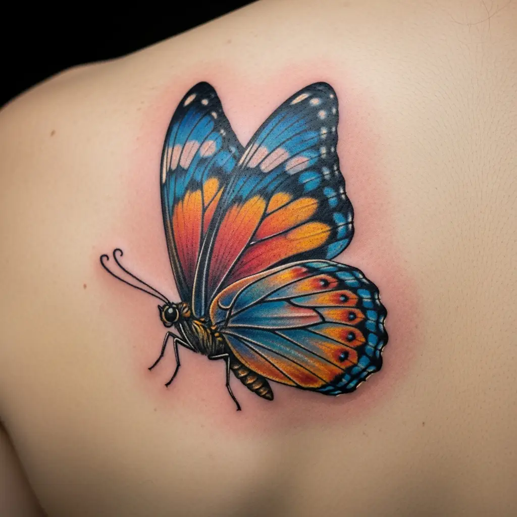 Micro Realism Schmetterling Tattoo auf dem oberen Ruecken, farbig