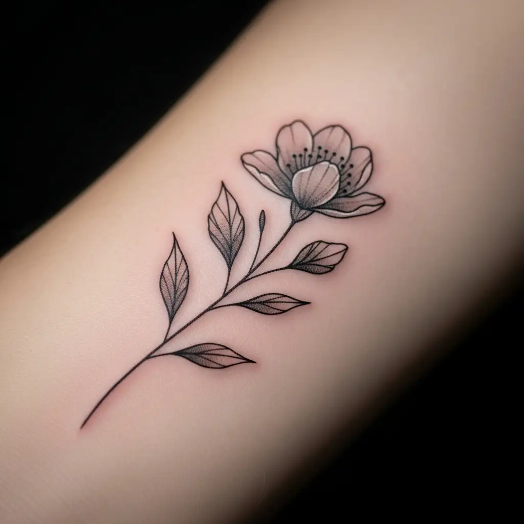 Feines Micro Tattoo mit botanischem Blütenmotiv am Unterarm