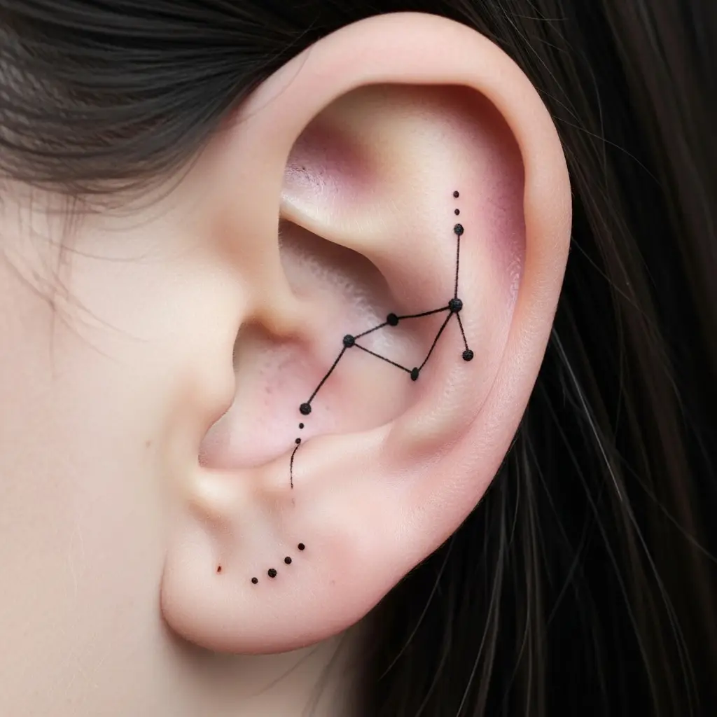 Winziges Micro Tattoo mit geometrischem Sternbild hinter dem Ohr