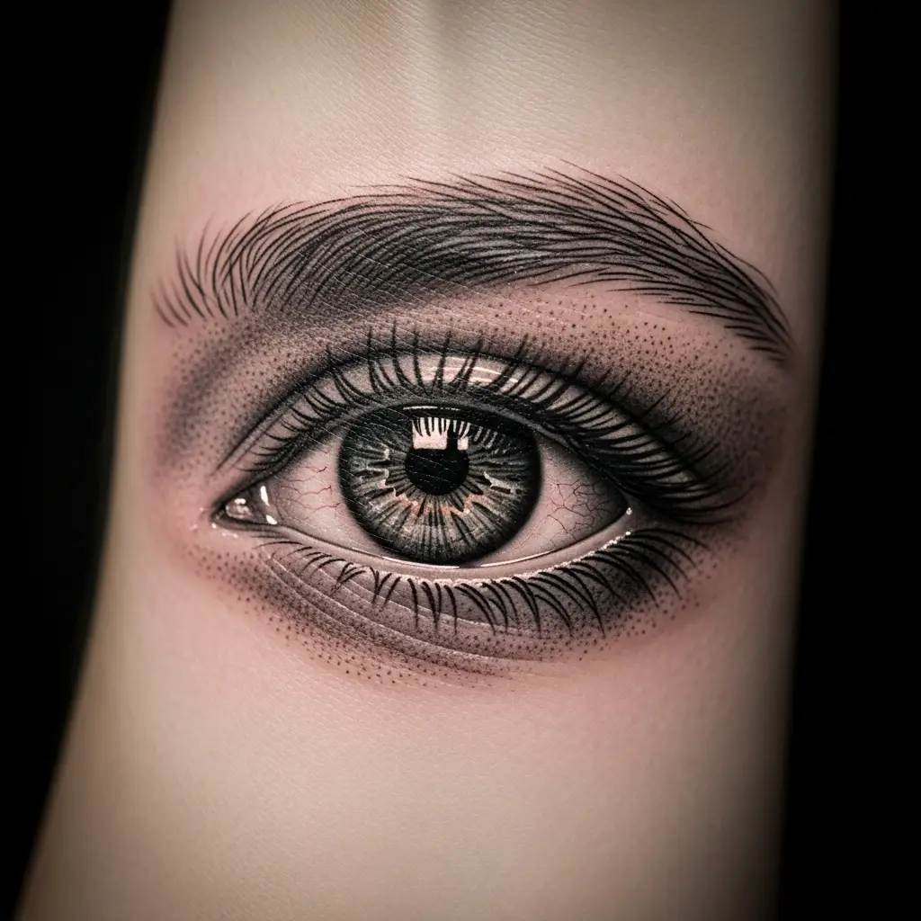 Micro Tattoo eines realistischen Auges am Handgelenk mit Grauschattierung