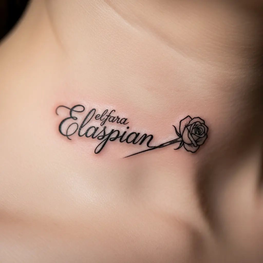 Zierliches Micro Tattoo mit Schriftzug und kleiner Blüte am Schlüsselbein