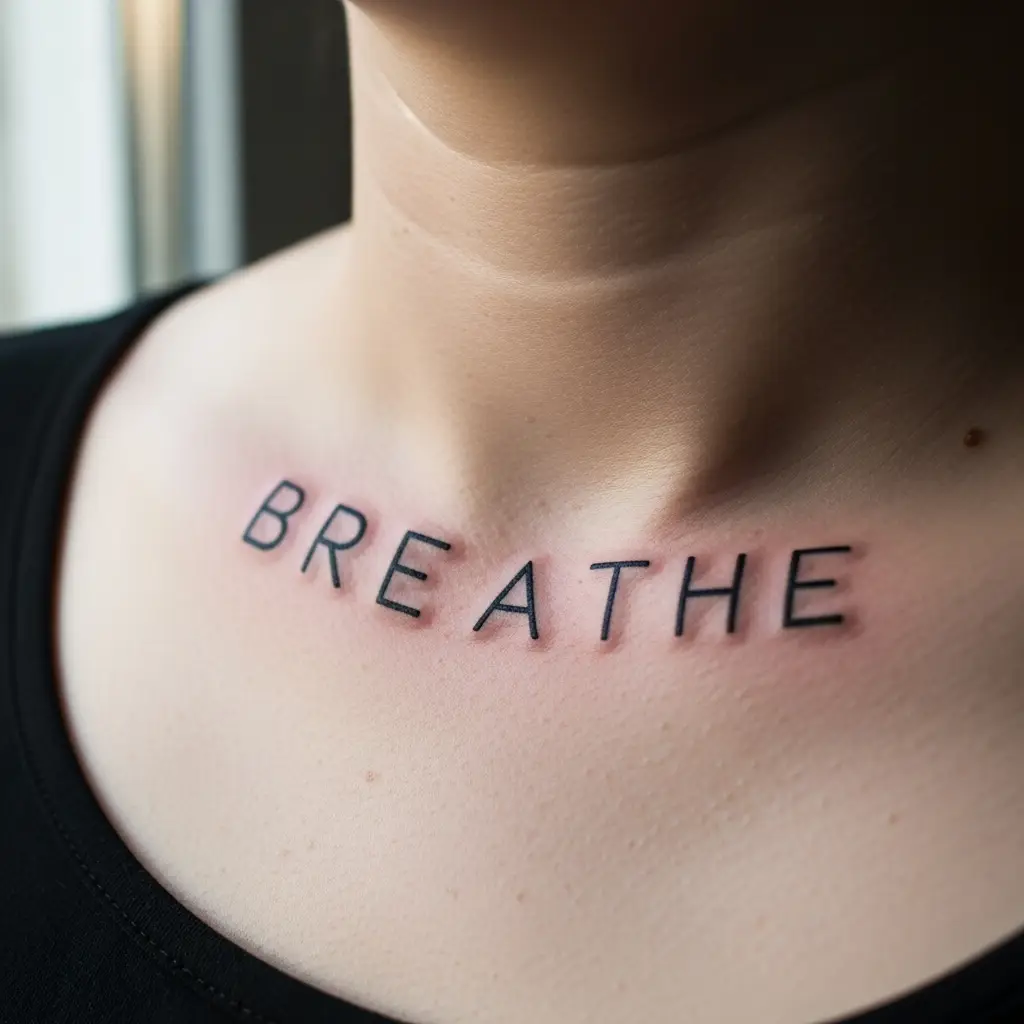 Minimalist Lettering Tattoo mit geometrischer Blockschrift am Schlüsselbein