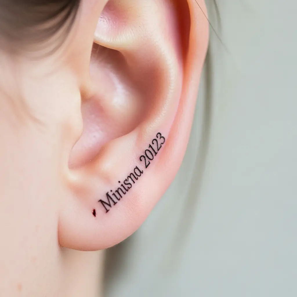 Minimalist Lettering Tattoo mit feiner Antiqua-Schrift hinter dem Ohr