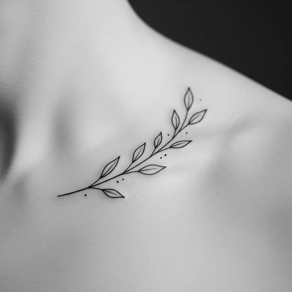 Minimalist Tattoo eines botanischen Zweigs am Schlüsselbein, feine schwarze Linien