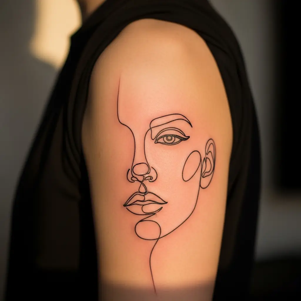 Minimalist Tattoo mit One-Line-Gesicht am Oberarm, klare Kontur ohne Schattierung