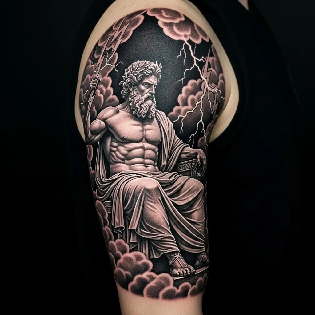 Mythology Tattoo mit Zeus-Darstellung in detailliertem Schwarzgrau-Realismus