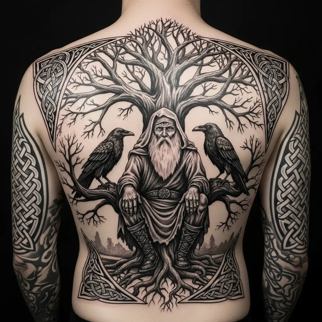Nordisches Mythology Tattoo mit Odin und Yggdrasil auf dem Ruecken