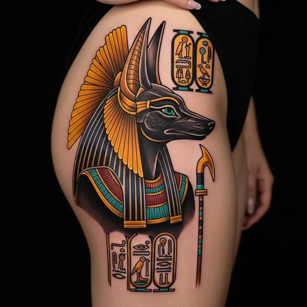 Aegyptisches Mythology Tattoo mit Anubis in Gold und Schwarz auf dem Oberschenkel